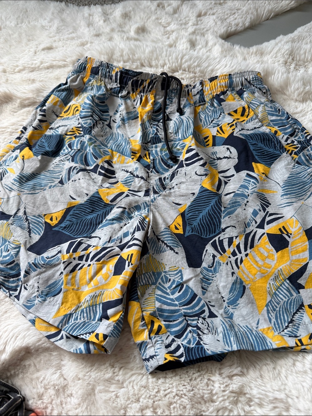 Men's Tropical Leaf Swim Trunks in Blue, Gray & Yellow